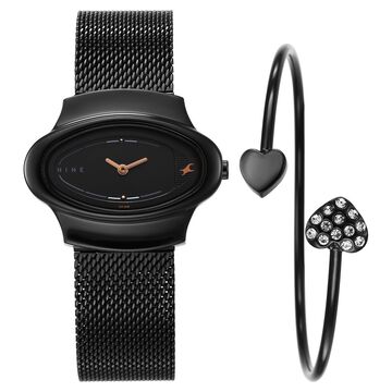 Fastrack Pulse Quartz Analog Black Dial Black Stainless Steel Strap Oval Shaped Watch For Girls