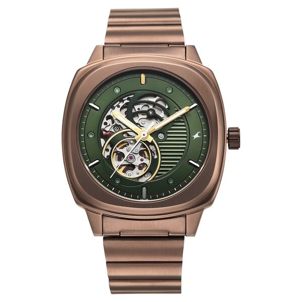 Fastrack Automatics Collection Green Dial Brown Stainless Steel Strap Watch For Guys - image number 0