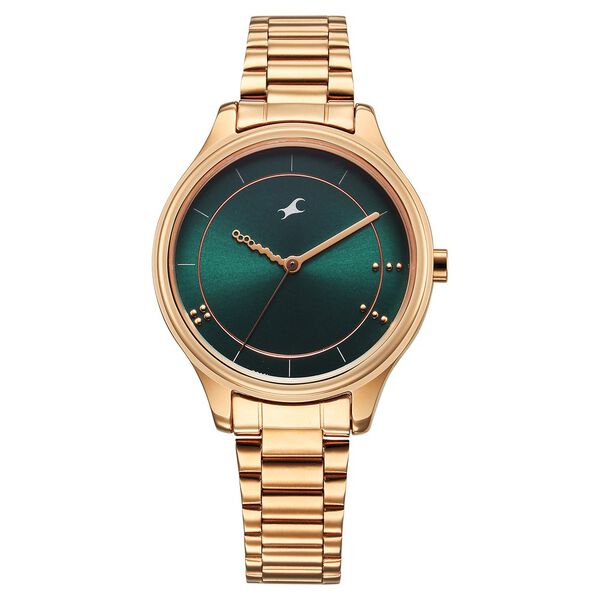 Fastrack Stunners Quartz Analog Green Dial Rose Gold Metal Strap Watch For Girls - image number 0