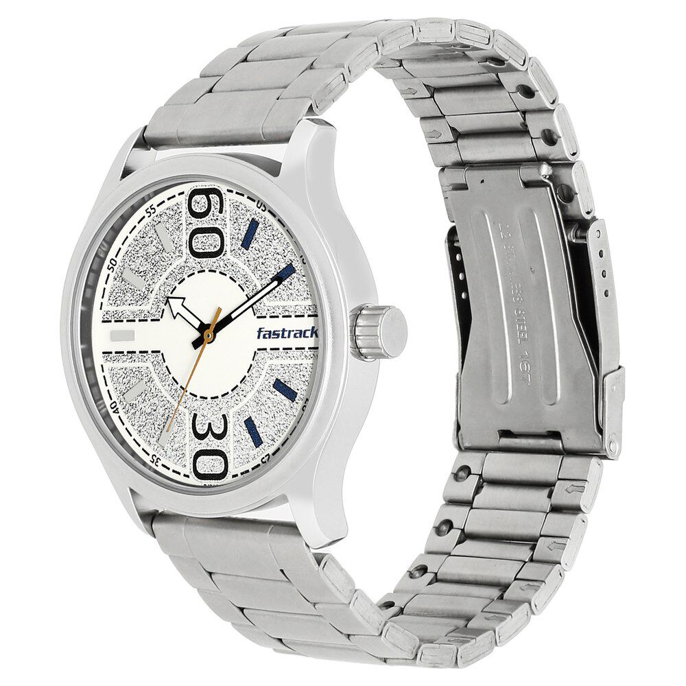 Buy Online Fastrack Road Trip Quartz Analog White Dial Stainless Steel Strap Watch for Guys nn3197sm01 Fastrack