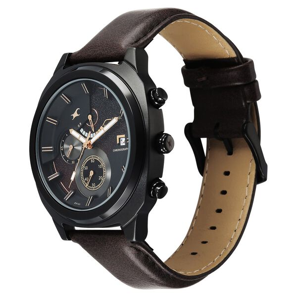 Fastrack Kronos Guys Chronograph Watch With Date Black Dial & Brown Leather Strap - image number 2