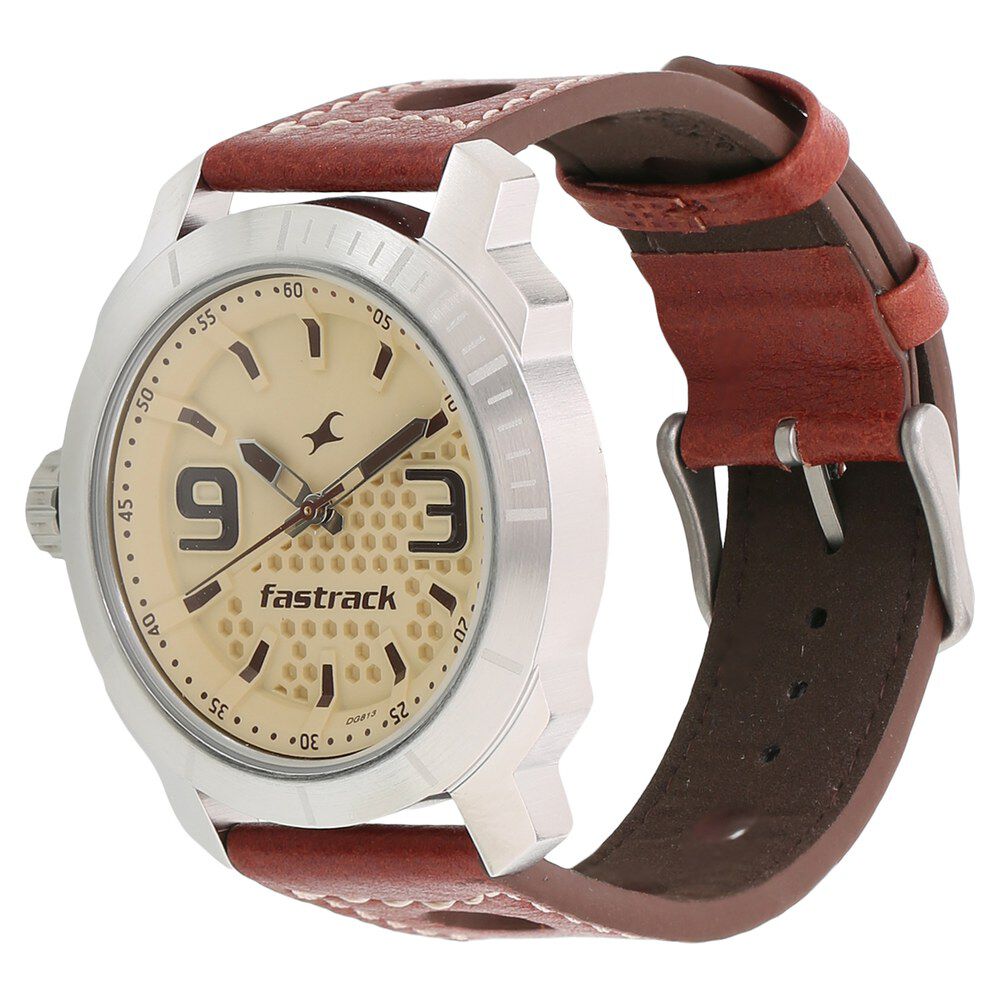 Buy Online Fastrack Loopholes Quartz Analog Champagne Dial Leather Strap Watch for Guys 3168sl02 Fastrack