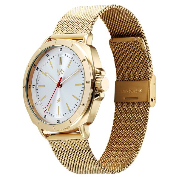 Fastrack Vyb Pioneer Quartz Analog Silver Dial Golden Metal Strap Watch For Guys - image number 3