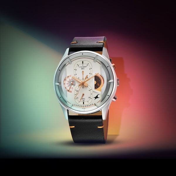 Fastrack Opulence Sun Moon Chronograph Silver Dial Black Leather Strap Analog Quartz Watch For Guys - image number 0