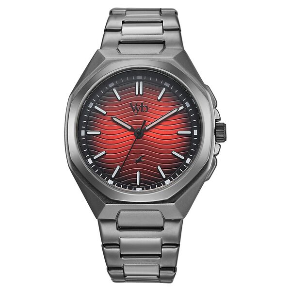 Vyb Quest By Fastrack Quartz Analog Red Dial Grey Stainless Steel Strap Watch For Guys - image number 0