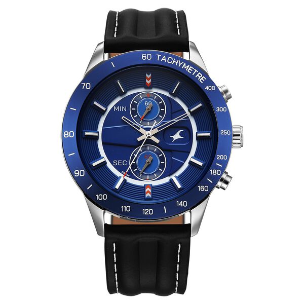 Fastrack Overdrive Quartz Chronograph Tachymeter Blue Dial Black Leather Strap Watch For Guys - image number 0