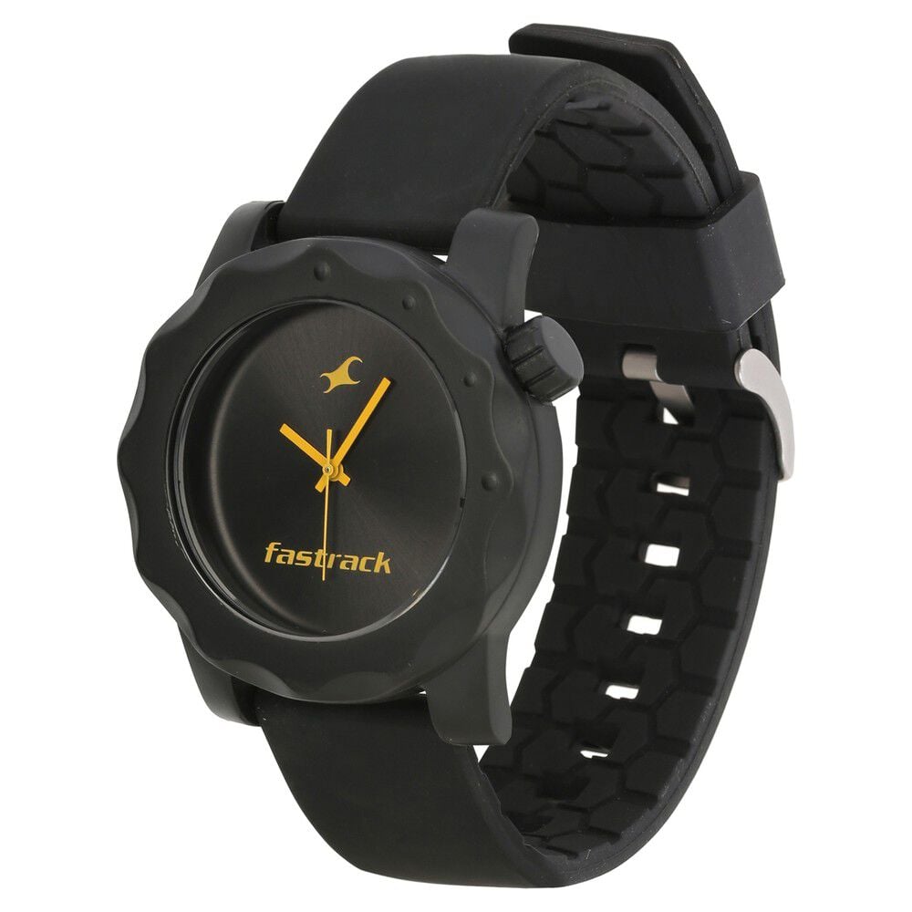 Black dial black plastic strap watch clearance