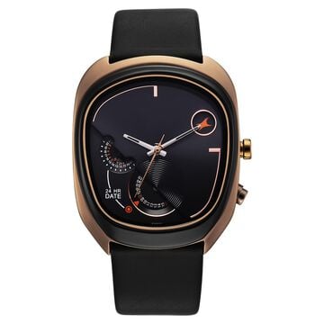 Fastrack UFO Quartz Multifunction Black Dial Black Leather Strap Watch For Guys