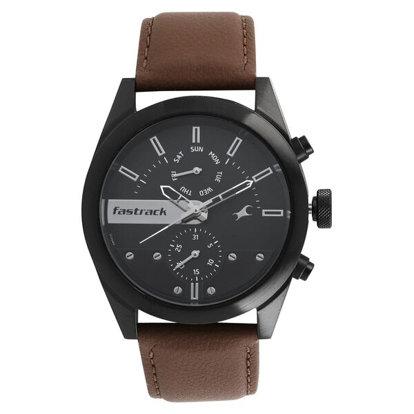 Fastrack All Nighters Quartz Multifunction Black Dial Leather Strap Watch for Guys - image number 0