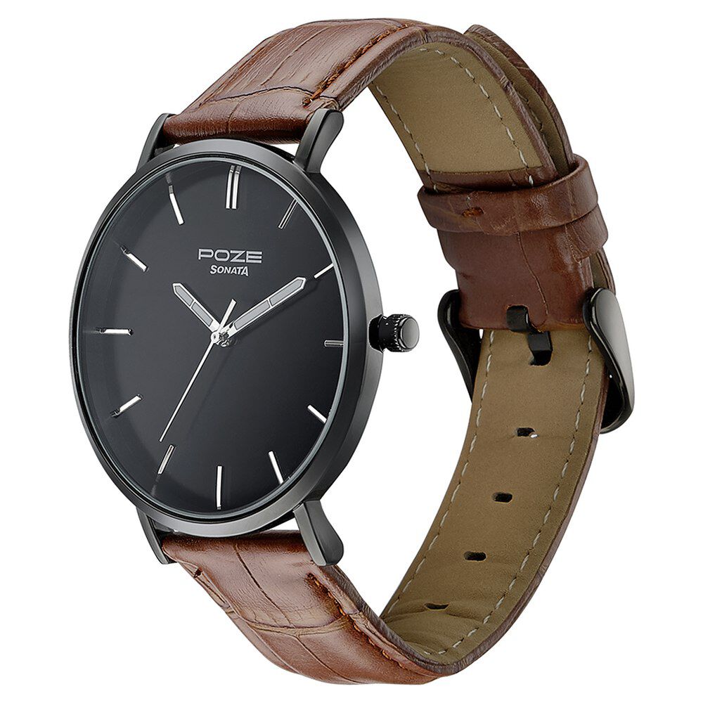 Sonata Poze Quartz Analog Black Dial Leather Strap Watch for Men