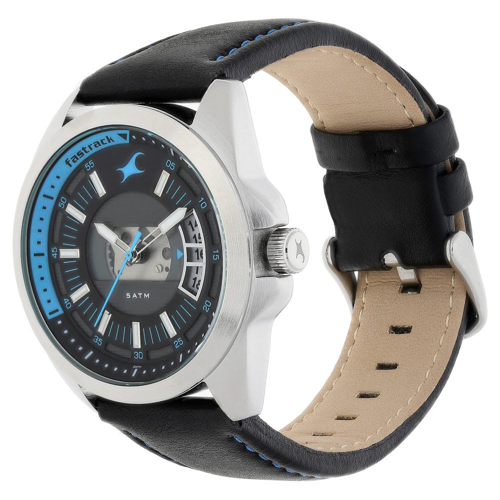 Fastrack Loopholes Quartz Analog with Date Black Dial Leather Strap Watch for Guys