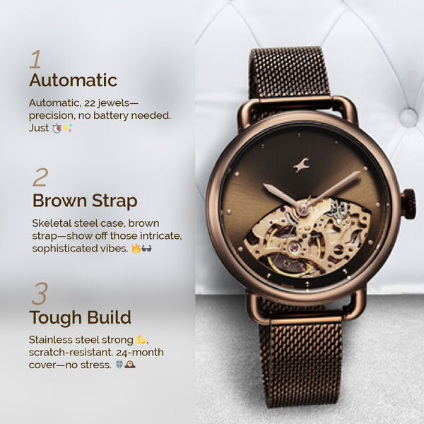 Fastrack Automatics Brown Dial Stainless Steel Strap Watch for Girls - image number 1