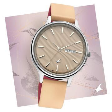 Fastrack Ruffles Quartz Analog with Day and Date Beige Dial Leather Strap Watch for Girls