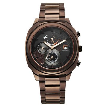 Fastrack Kronos Guys Chronograph Watch With Date Black Dial & Brown Stainless Steel Strap