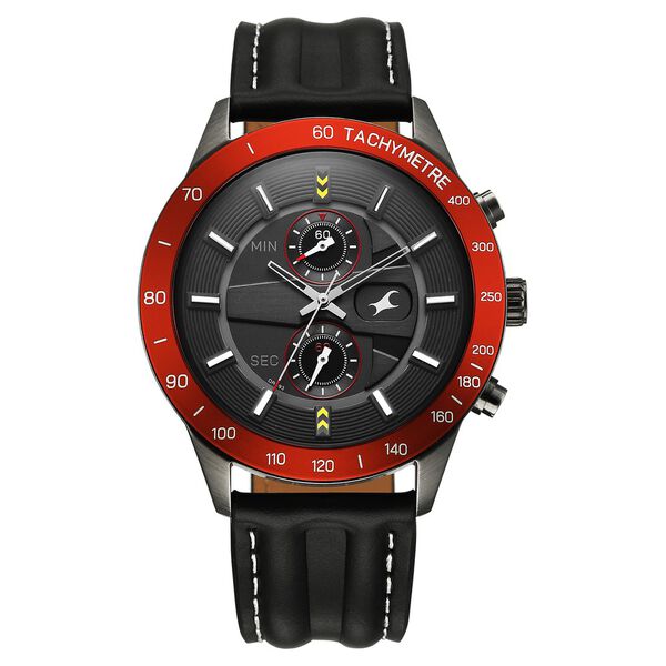 Fastrack Overdrive Quartz Chronograph Tachymeter Grey Dial Black Leather Strap Watch For Guys - image number 0
