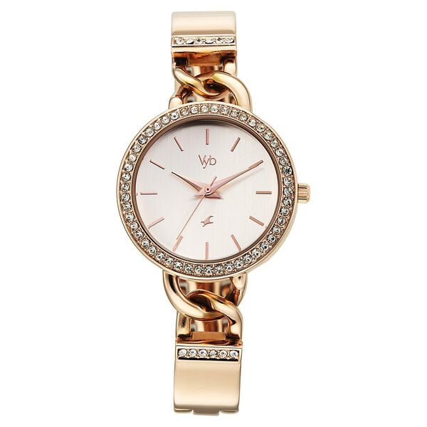 Vyb Mirage By Fastrack Quartz Analog White Dial Rose Gold Metal Strap Watch For Girls - image number 0