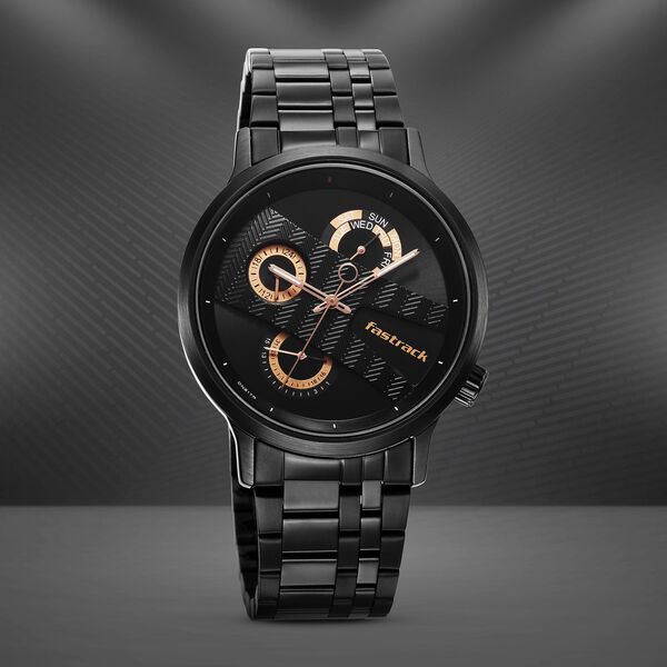Fastrack Exuberant Quartz Multifunction Black Dial Stainless Steel Strap Watch for Guys - image number 0