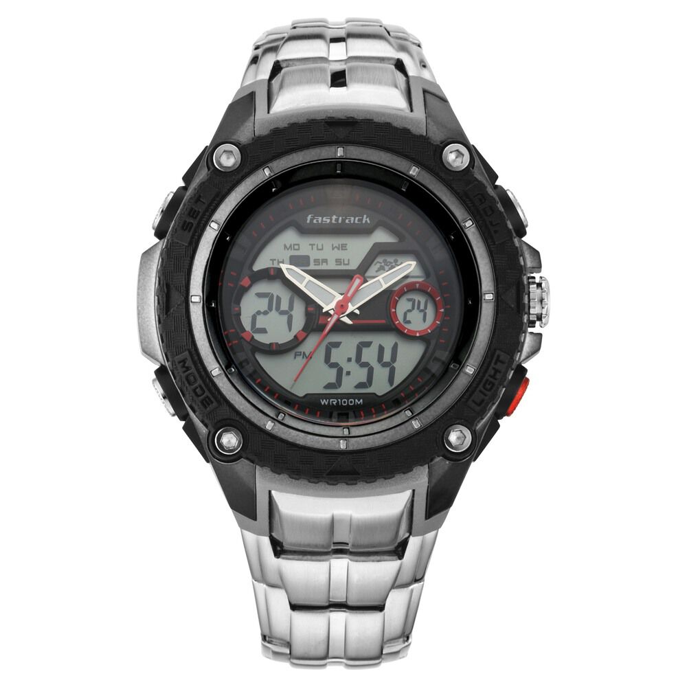 Fastrack Deux Machina Quartz Analog Digital Red Dial Stainless Steel Strap Watch for Guys