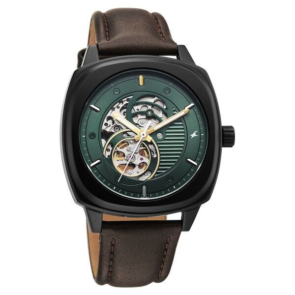 Fastrack Automatics Collection Green Dial Brown Leather Strap Watch For Guys - image number 1
