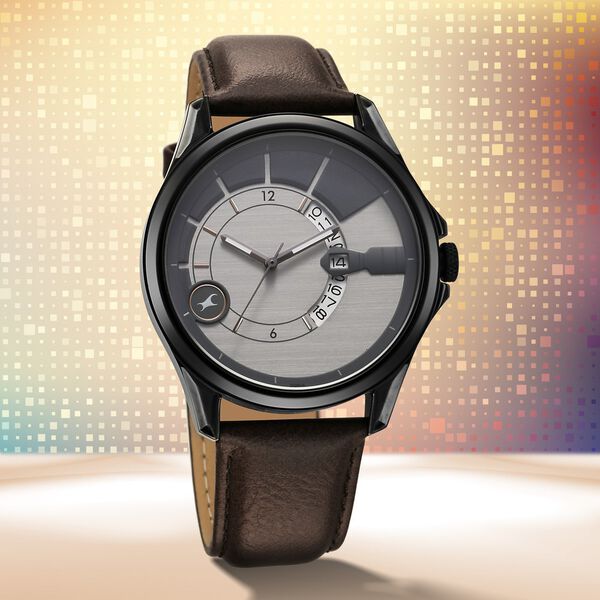 Fastrack Groove Quartz Analog with Date Two Toned Dial Brown Leather Strap Watch For Guys - image number 0