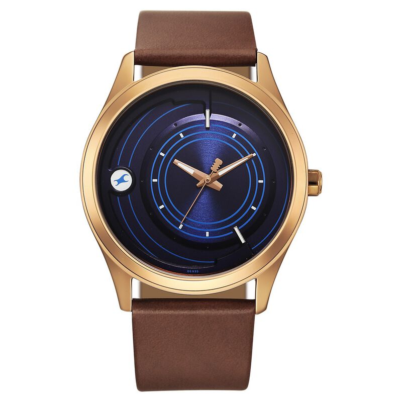 Fastrack Groove Quartz Analog Blue Dial Brown Leather Strap Watch For Guys