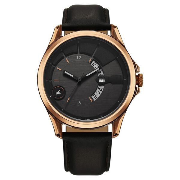 Fastrack Groove Quartz Analog with Date Grey Dial Black Leather Strap Watch For Guys - image number 1