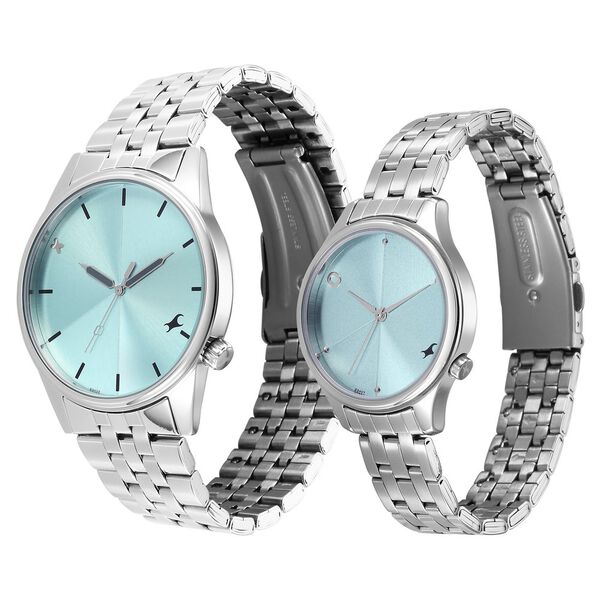 Fastrack Mixmatched Quartz Analog Blue Dial With Silver Metal Strap Watch For Couple - image number 2