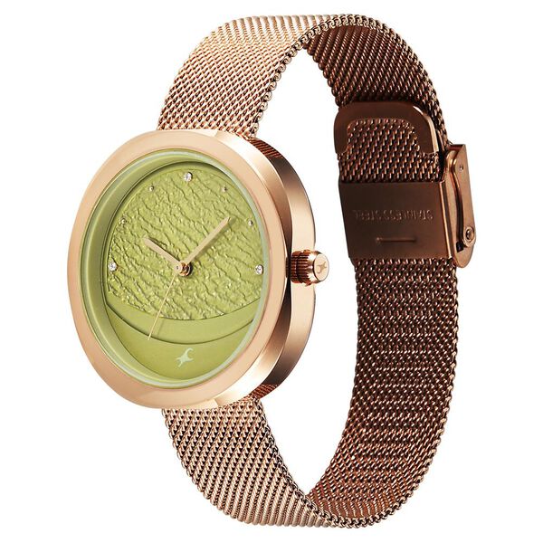 Fastrack Gelato rosegold analog mesh strap watch with Matcha green dial for Girls - image number 2