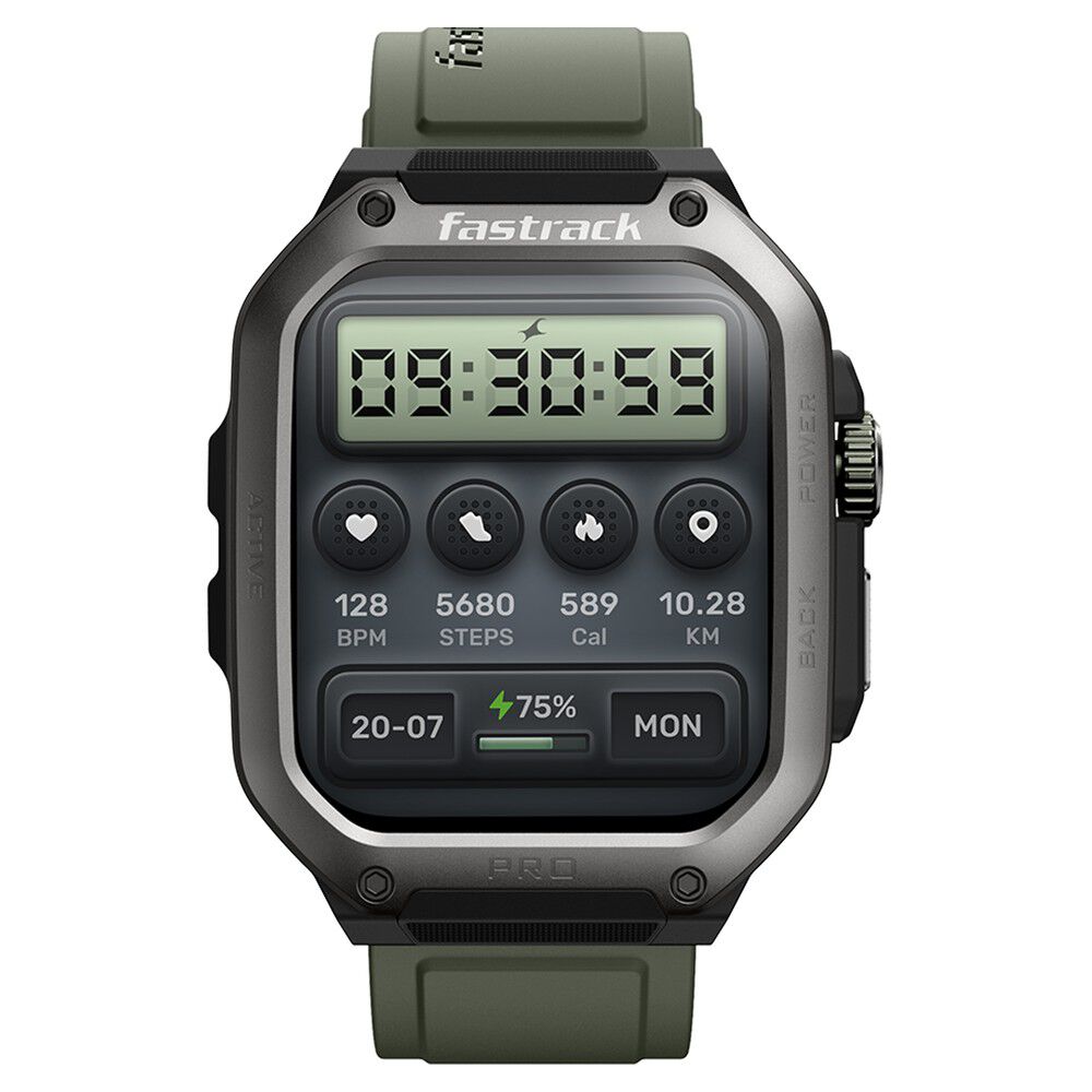 Buy Online Fastrack Active Pro with 4.69 cm AMOLED Display and AOD Functional Crown BT Calling Rugged Smartwatch with Green Strap 38106pp03 Fastrack