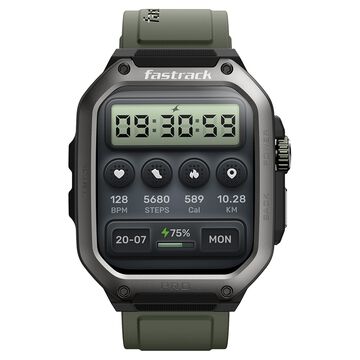 Fastrack Active Pro with 4.69 cm AMOLED Display and AOD, Functional Crown, BT Calling Rugged Smartwatch with Green Strap