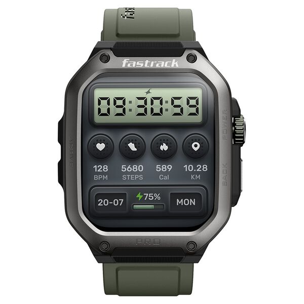 Fastrack Active Pro with 4.69 cm AMOLED Display and AOD, Functional Crown, BT Calling Rugged Smartwatch with Green Strap - image number 0