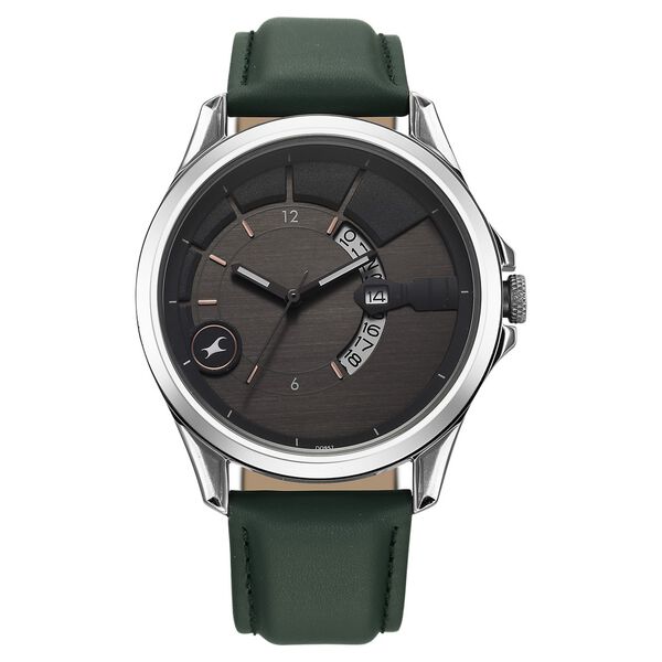 Fastrack Groove Quartz Analog with Date Grey Dial Green Leather Strap Watch For Guys - image number 1
