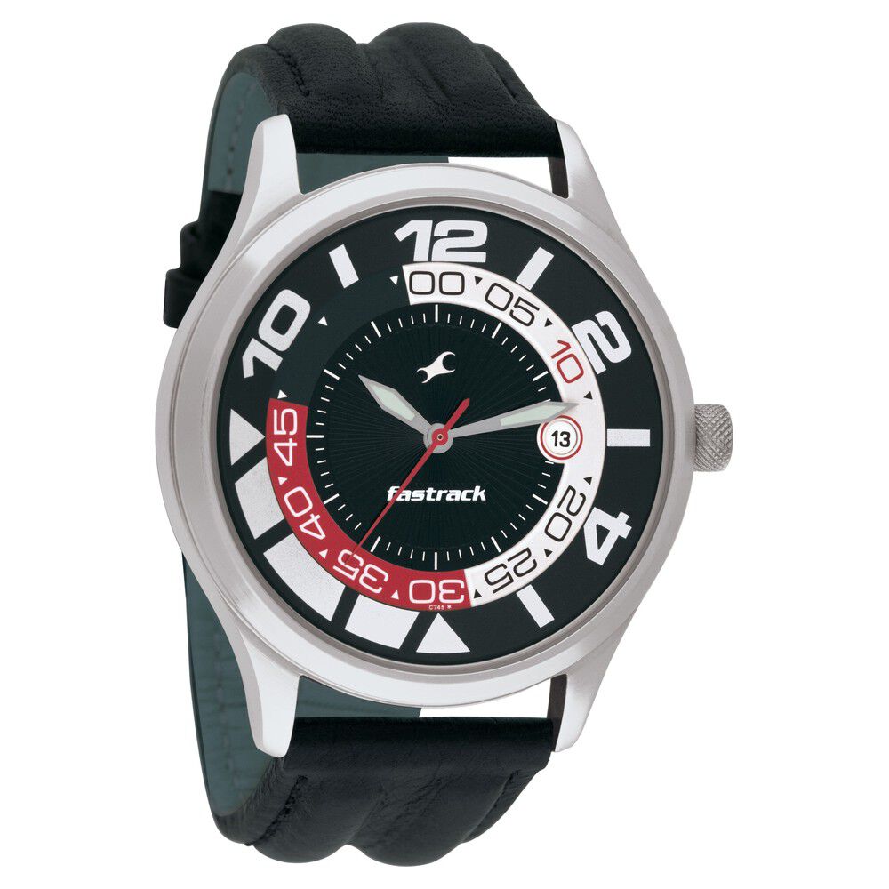 Fastrack Quartz Analog with Date Black Dial Leather Strap Watch for Guys