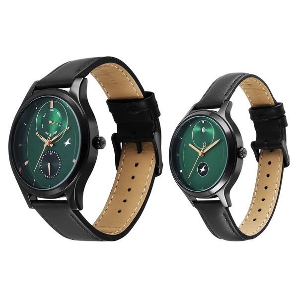 Fastrack Mixmatched Quartz Multifunction Green Dial Black Leather Strap Watch For Couple - image number 3