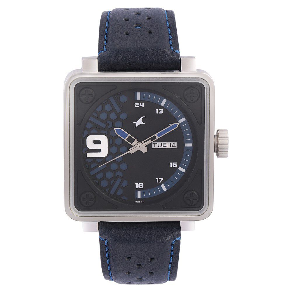 Buy Online Fastrack Loopholes Quartz Analog with Day and Date Blue Dial Leather Strap Watch for Guys 3171sl01 Fastrack