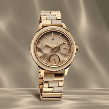 Fastrack Cerame Quartz Multifunction Beige Dial With Champagne Color Steel & Ceramic Strap Watch For Girls
