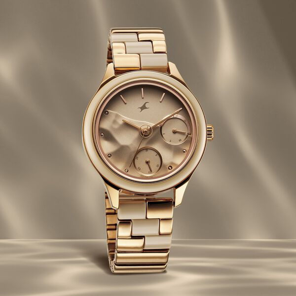 Fastrack Cerame Quartz Multifunction Beige Dial With Champagne Color Steel & Ceramic Strap Watch For Girls - image number 0