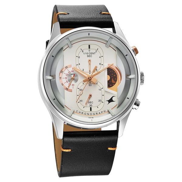 Fastrack Opulence Sun Moon Chronograph Silver Dial Black Leather Strap Analog Quartz Watch For Guys - image number 2