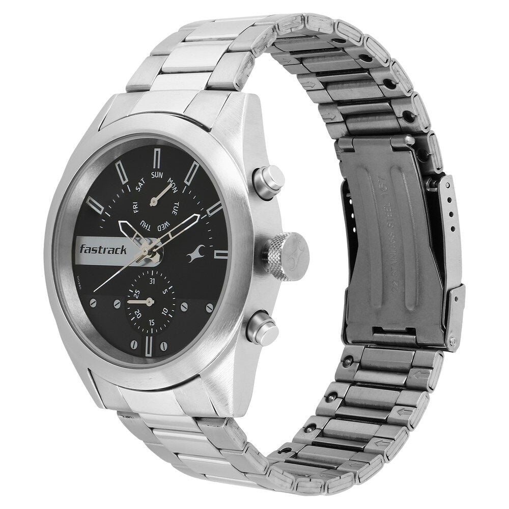 Buy Online Fastrack All Nighters Quartz Multifunction Grey Dial Metal Strap Watch for Guys ns3165sm01 Fastrack
