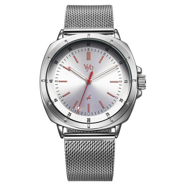 Fastrack Vyb Pioneer Quartz Analog Silver Dial Silver Metal Strap Watch For Guys - image number 1