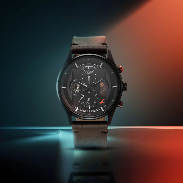 Fastrack Opulence Sun Moon Chronograph Black Dial Brown Leather Strap Analog Quartz Watch For Guys - image number 0