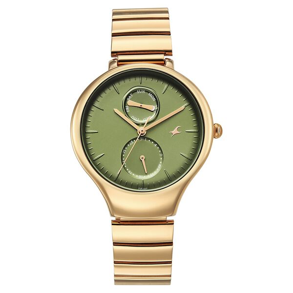 Fastrack Gelato champagne multifunction metal strap watch with Matcha green dial for Girls - image number 0