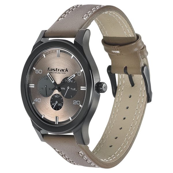 Fastrack Dial It Up Quartz Multifunction Beige Dial Leather Strap Watch for Guys - image number 2