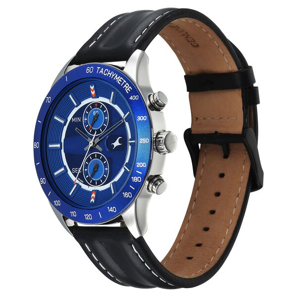 Fastrack Overdrive Quartz Chronograph Tachymeter Blue Dial Black Leather Strap Watch For Guys - image number 2