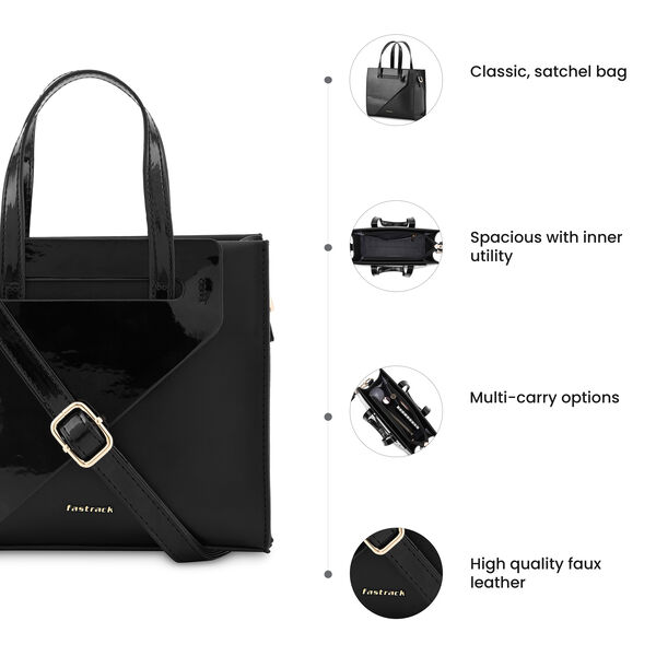 Fastrack Sling Satchel with Patent Faux-Leather Texture in Black - image number 9