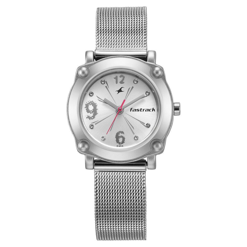 Buy Online Fastrack Quartz Analog Silver Dial Stainless Steel Strap Watch for Girls np6027sm01 Fastrack