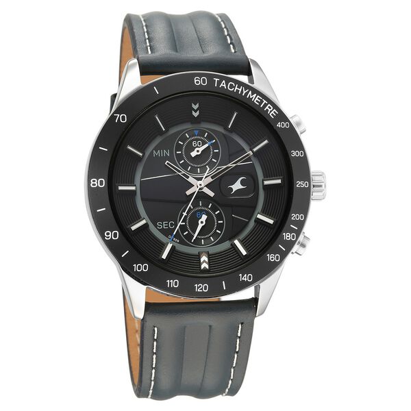 Fastrack Fastrack Overdrive Quartz Chronograph Tachymeter Black Dial Blue Leather Strap Watch For Guys - image number 1