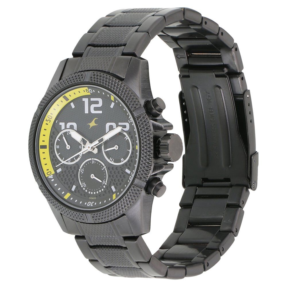 Fastrack Loopholes Quartz Multifunction Black Dial Stainless Steel Strap Watch for Guys