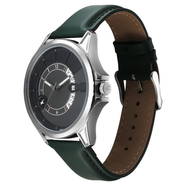 Fastrack Groove Quartz Analog with Date Grey Dial Green Leather Strap Watch For Guys - image number 5