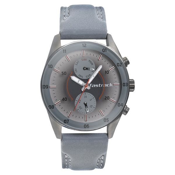 Fastrack Space Rover Quartz Multifunction Grey Dial Leather Strap Watch for Guys - image number 1